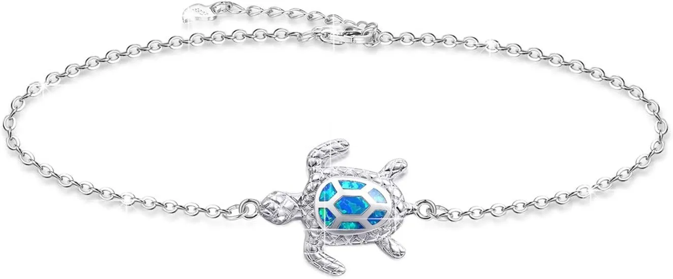 Blue Opal Sea Turtle Ankle Bracelet Sterling Silver Anklet Fine Jewelry For Women Gifts (Large Bracelet)