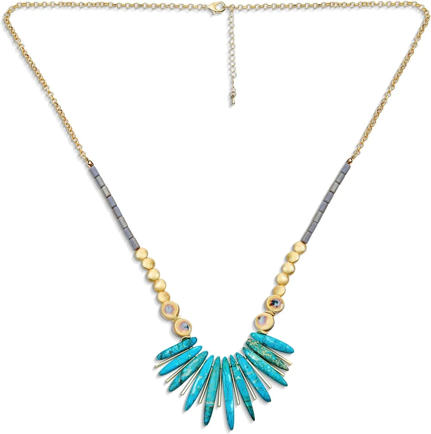 Blue Peck Organic Faceted Beads And Compress Turquoise Irregular Stone Bib Fan Statement Collar Choker Necklaces Western Jewelry For Women Teens Gold Plated Bead & Clasp Adjustable