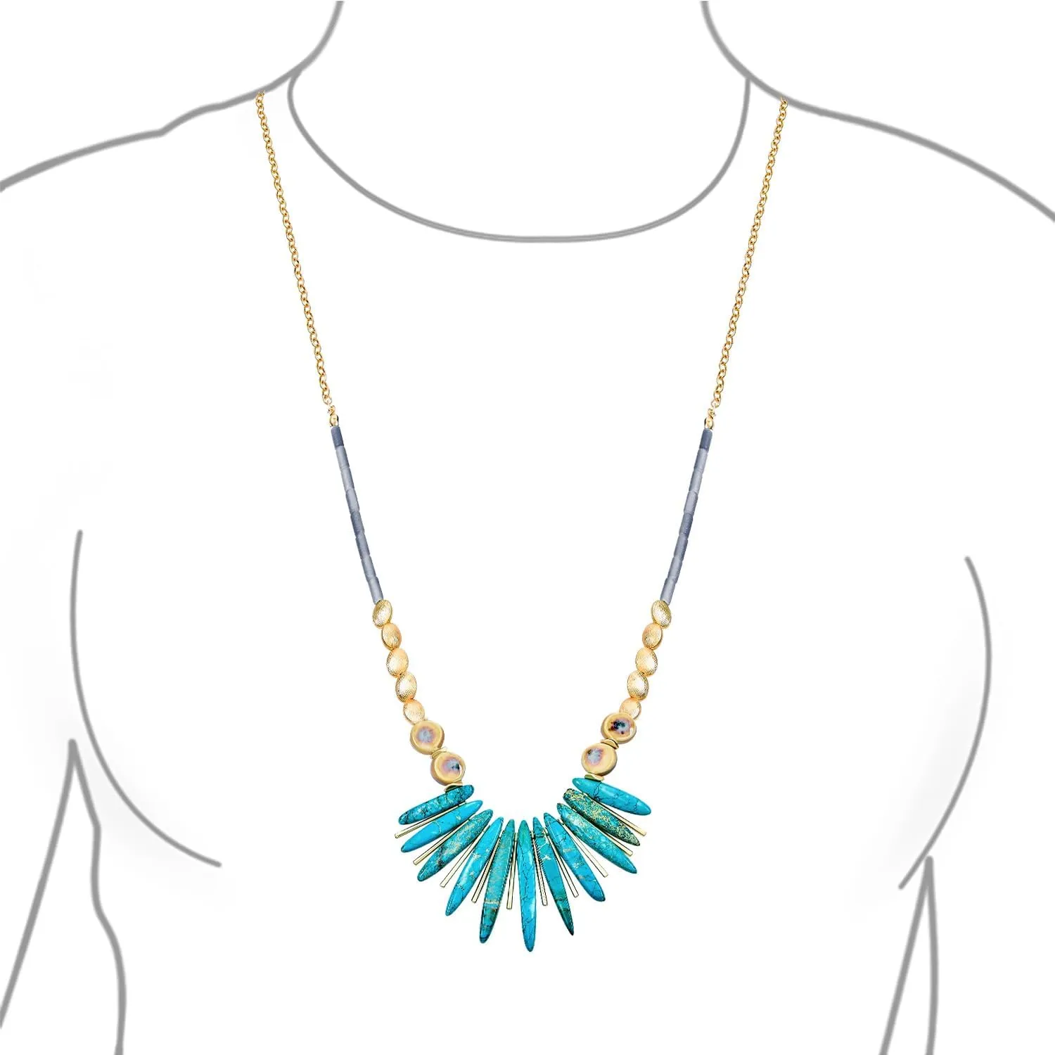 Blue Peck Organic Faceted Beads And Compress Turquoise Irregular Stone Bib Fan Statement Collar Choker Necklaces Western Jewelry For Women Teens Gold Plated Bead & Clasp Adjustable