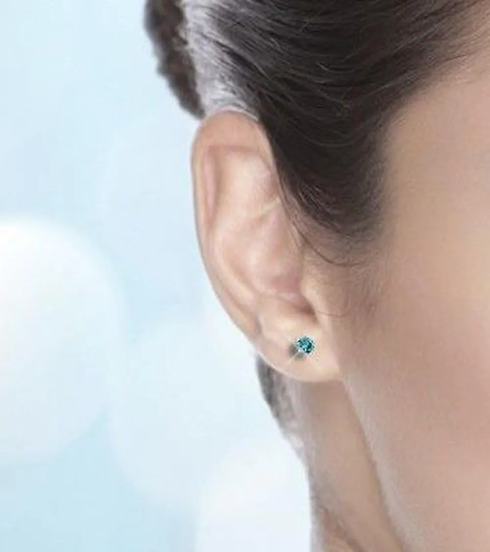 Blue - Round Brilliant Cut Diamond Earring Studs in 14K Gold (1/10ct to 1ct)