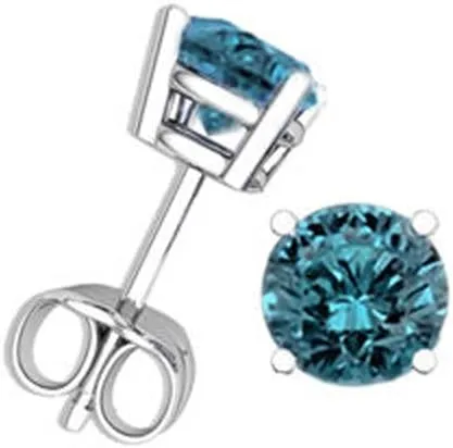 Blue - Round Brilliant Cut Diamond Earring Studs in 14K Gold (1/10ct to 1ct)