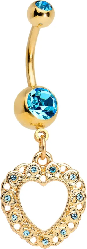 Body Candy Anodized Stainless Steel Brilliant Blue Accent Lacey Hollow Heart Dangle Belly Ring