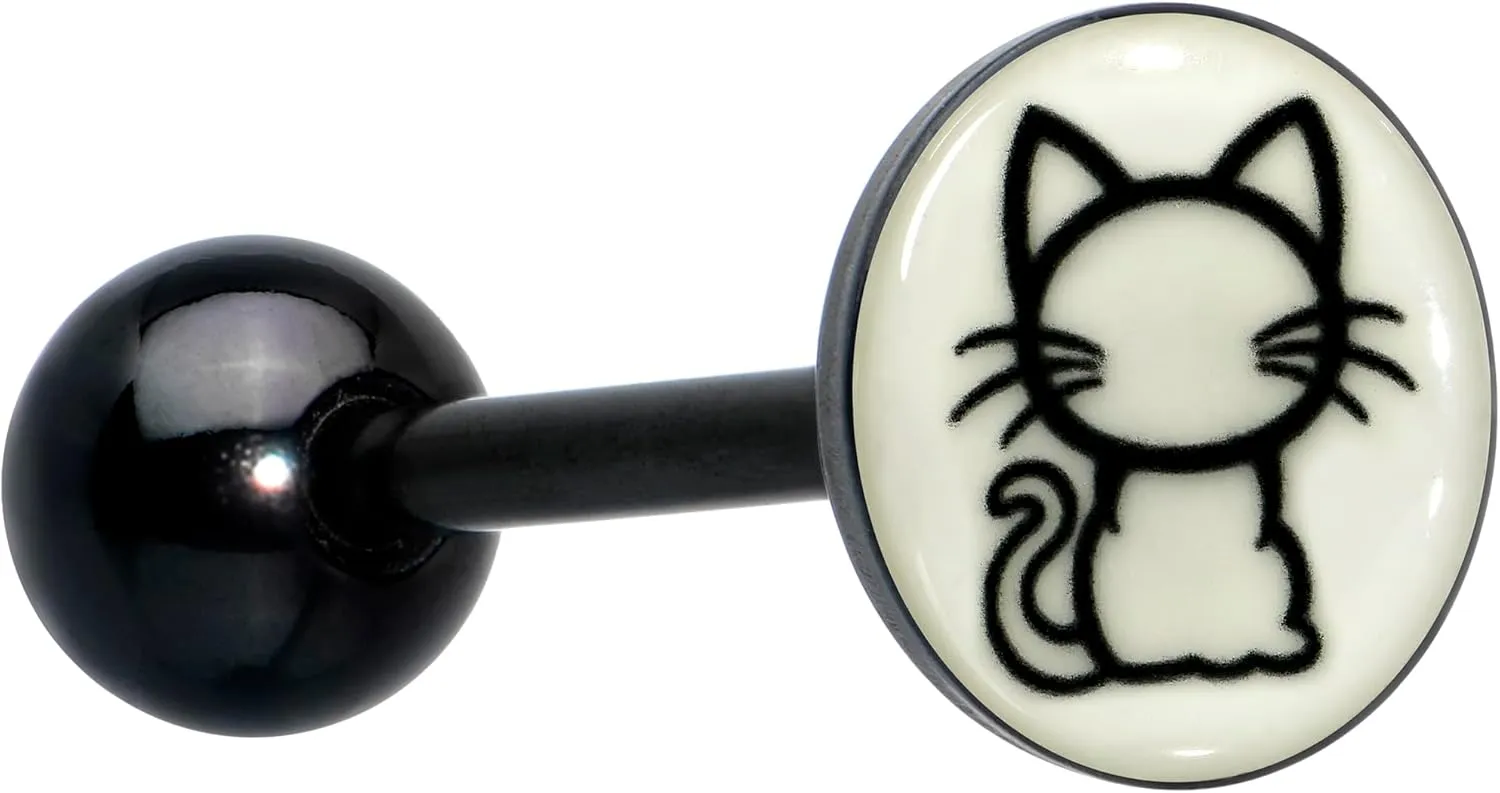 Body Candy Glow in the Dark Black Anodized Kitty Cat Barbell Tongue Ring