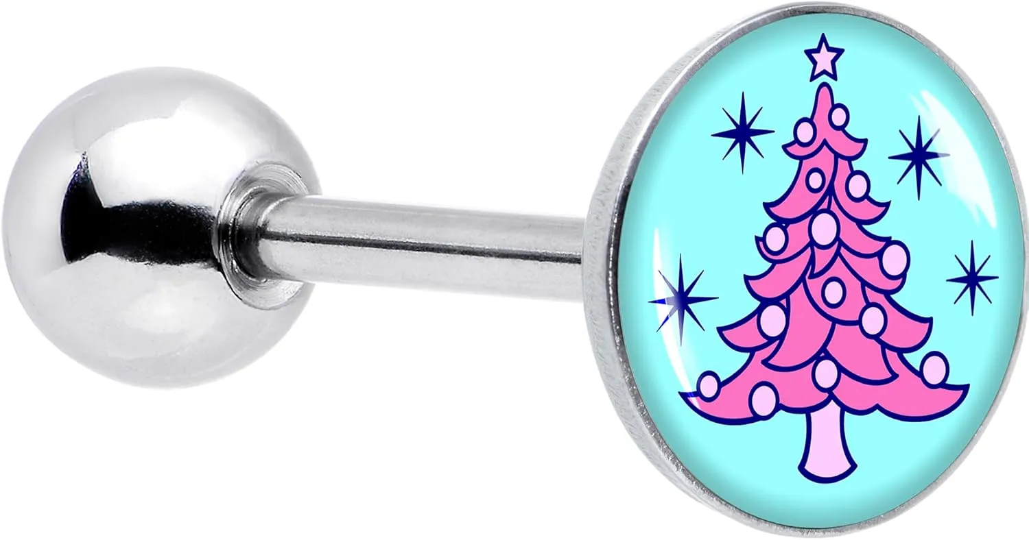 Body Candy Winter Holiday Surgical Steel Tongue Ring Pastel Christmas Tree Tongue Piercing Jewelry