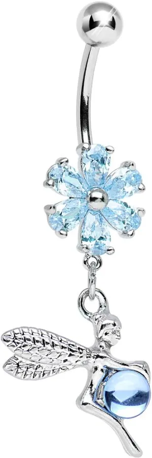 Body Candy Womens Brilliant Blue Flower Topped Orb and Fairy Dangle Belly Ring