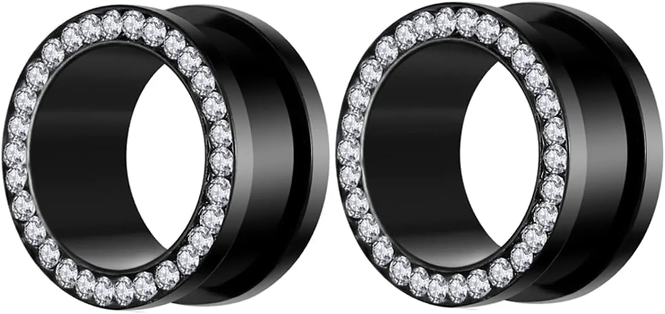 Body Piercing Jewelry for Women Ears, 2PCS Ear Gauges Stainless Steel Black with Cubic Zirconia Gauge Set for Ears