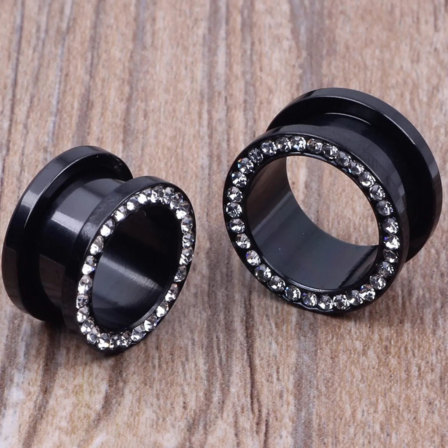Body Piercing Jewelry for Women Ears, 2PCS Ear Gauges Stainless Steel Black with Cubic Zirconia Gauge Set for Ears