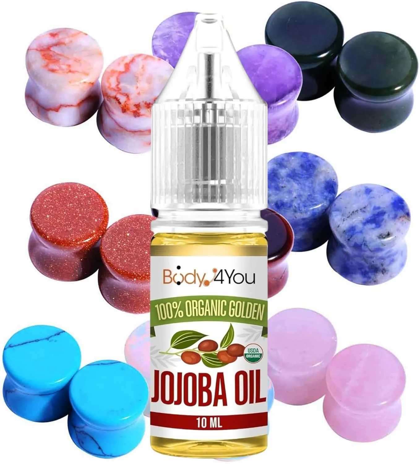 BodyJ4You 18PC Body Piercing Stone Plugs - Beginners 11mm 7/16" - Ear Stretching Organic Jojoba Oil Aftercare Dropper Bottle (10ml) - Saddle Double Flared Tunnels Expander Earrings