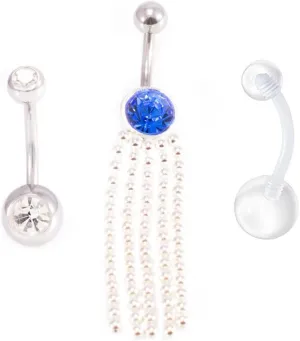 BodyJewelryOnline Belly Button Ring Package of 3 Navel Ring. Two with CZ Gems and a Retainer. 14G, Surgical Steel