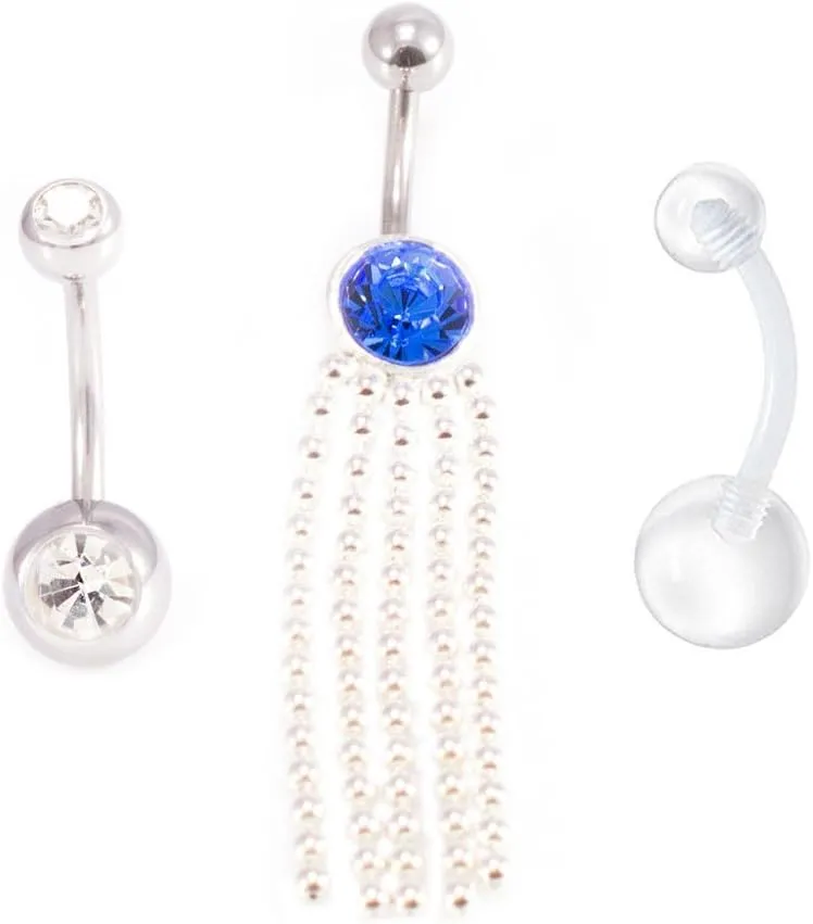 BodyJewelryOnline Belly Button Ring Package of 3 Navel Ring. Two with CZ Gems and a Retainer. 14G, Surgical Steel