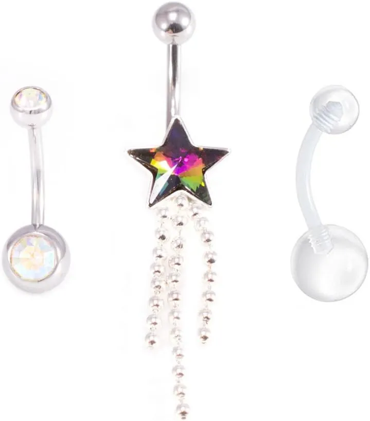 BodyJewelryOnline Belly Button Ring Package of 3 Navel Ring. Two with CZ Gems and a Retainer. 14G, Surgical Steel
