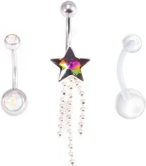 BodyJewelryOnline Belly Button Ring Package of 3 Navel Ring. Two with CZ Gems and a Retainer. 14G, Surgical Steel