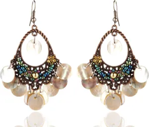 Bohemian Chandelier Coin Sequins Dangle Drop Earrings Ethnic Gypsy Beads Tassel Hoops with Disc Charms Boho Ear Jewelry Women