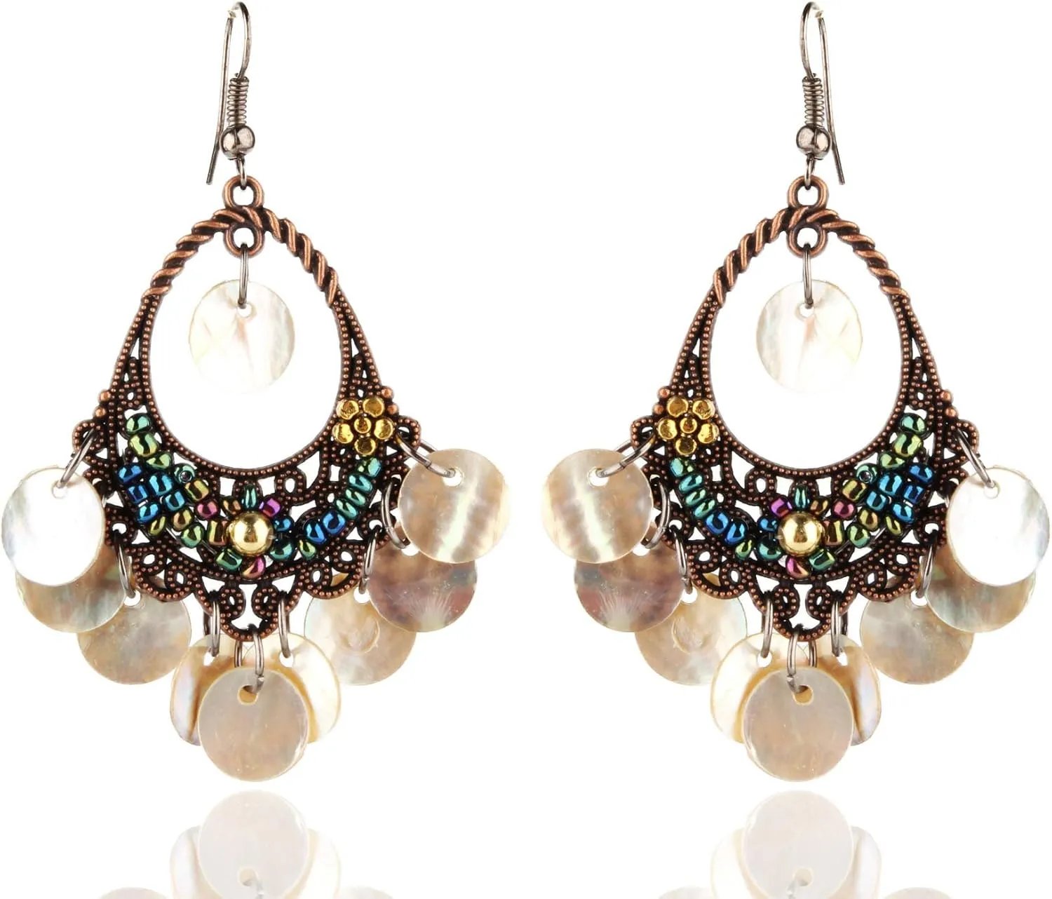 Bohemian Chandelier Coin Sequins Dangle Drop Earrings Ethnic Gypsy Beads Tassel Hoops with Disc Charms Boho Ear Jewelry Women