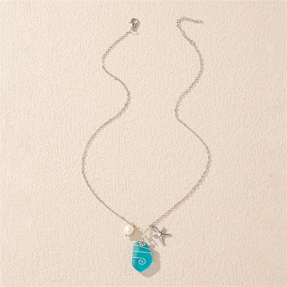 Bohemian Colorful Sea Glass Necklace with Turtle Starfish Mermaid Seahorse Pendant for Women Handmade Wire Wrapped Beach Pearl Necklaces Summer Vacation Jewelry Gift