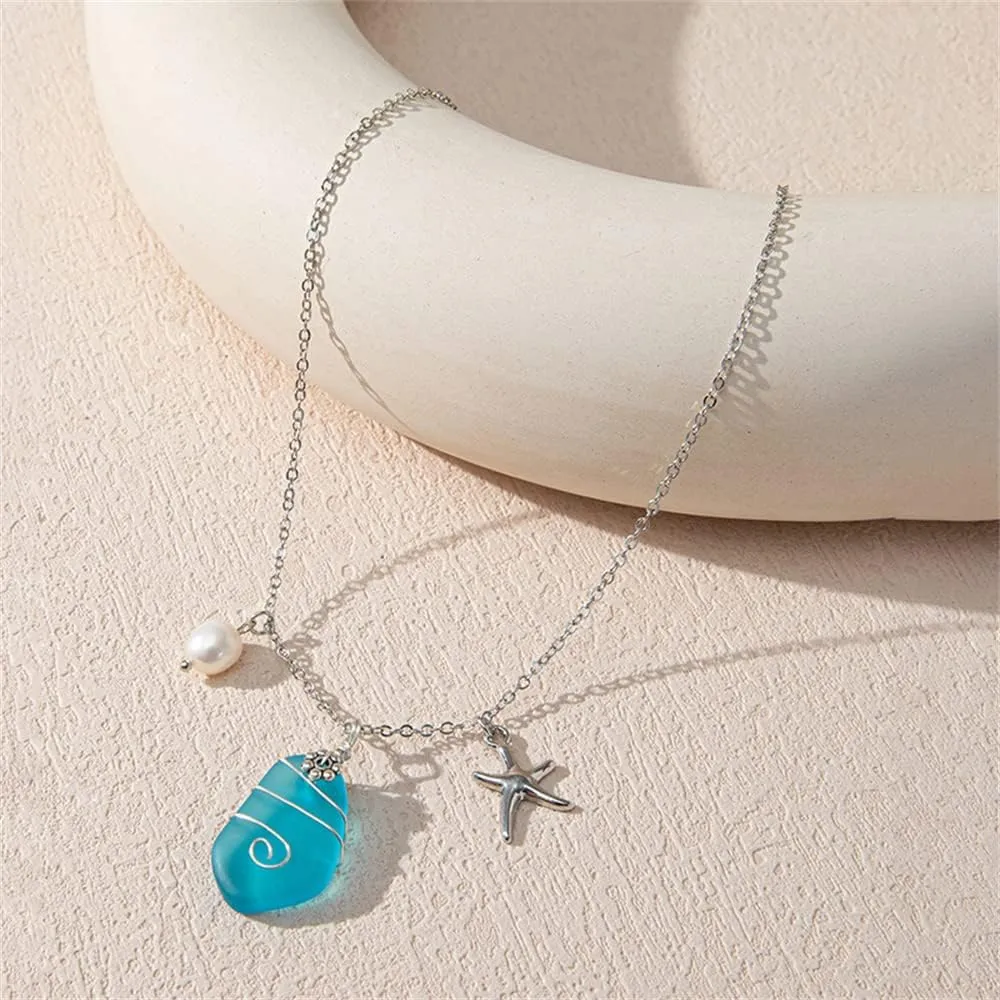 Bohemian Colorful Sea Glass Necklace with Turtle Starfish Mermaid Seahorse Pendant for Women Handmade Wire Wrapped Beach Pearl Necklaces Summer Vacation Jewelry Gift