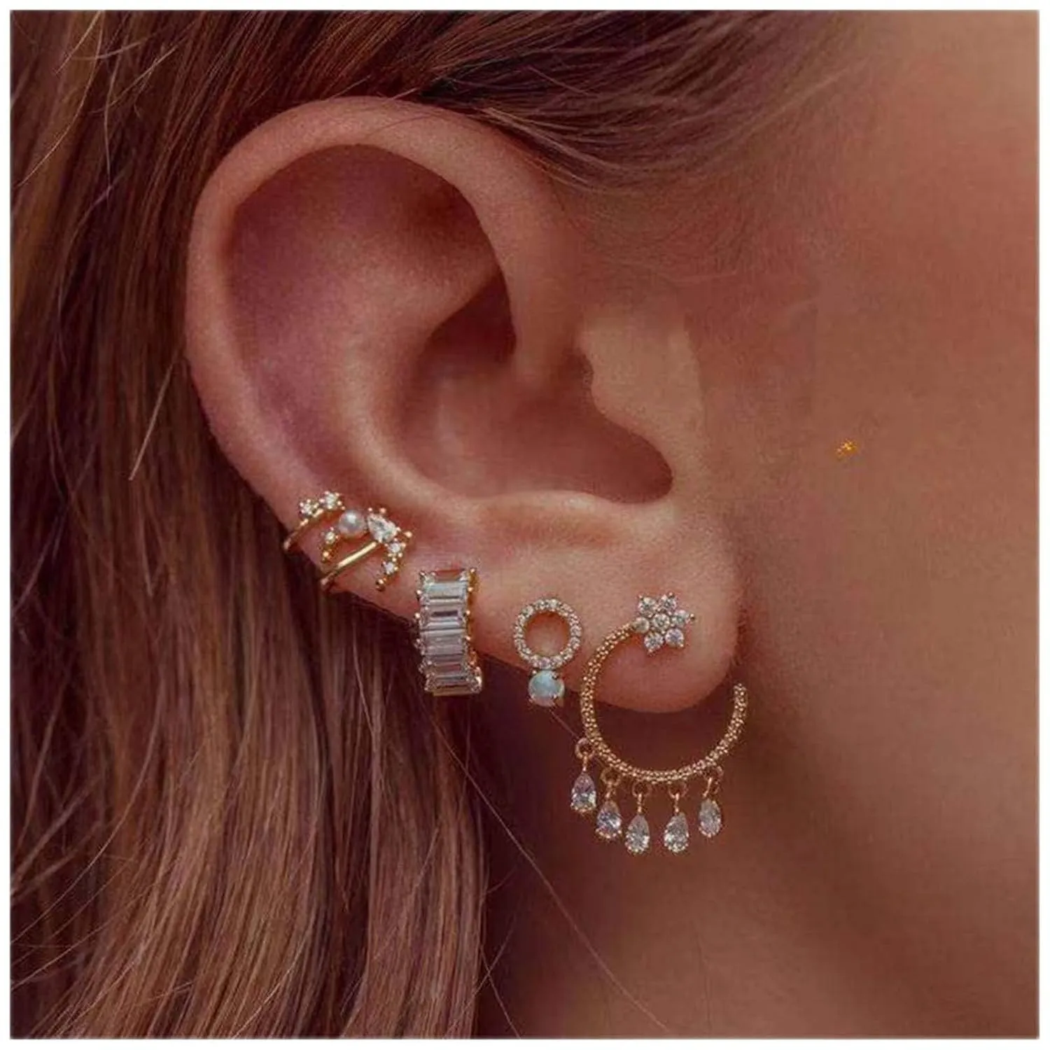 Bohemian Crystal Dangle Studs Earrings Tiny Pearl Ear Cuff Earrings Rhinestone Circle Earrings Dangle Crystal Tassel Earrings Set Jewelry for Women and Girls 5 Piece