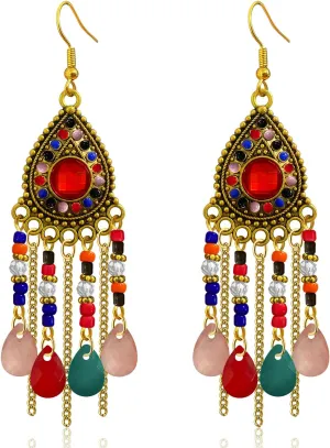 Bohemian Dainty Vintage Gold Crystal Teardrop Chandelier Lightweight Dangle Drop Earrings Retro Alloy Chain Fringe Hook Earrings For Women Jewelry Gifts