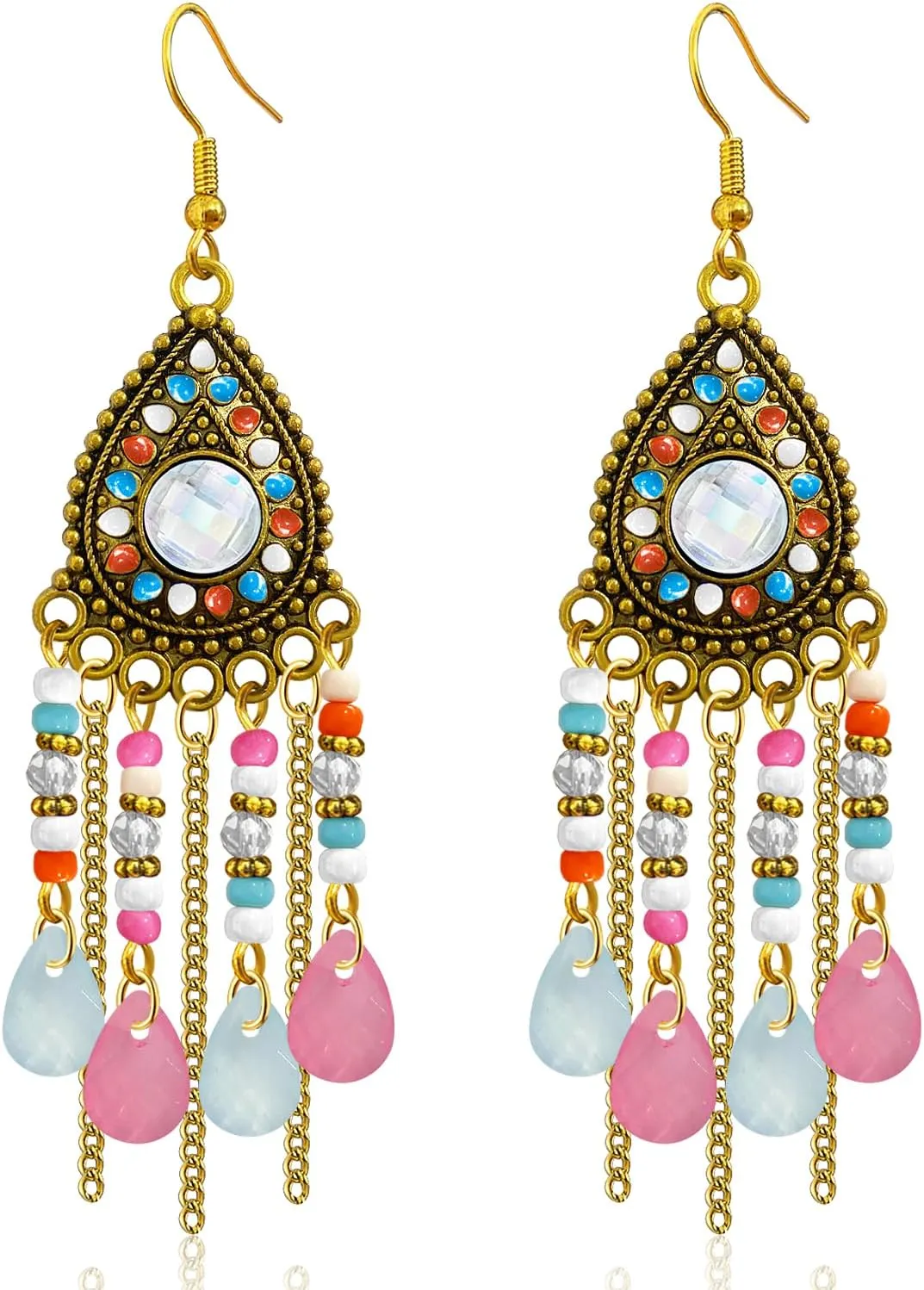 Bohemian Dainty Vintage Gold Crystal Teardrop Chandelier Lightweight Dangle Drop Earrings Retro Alloy Chain Fringe Hook Earrings For Women Jewelry Gifts