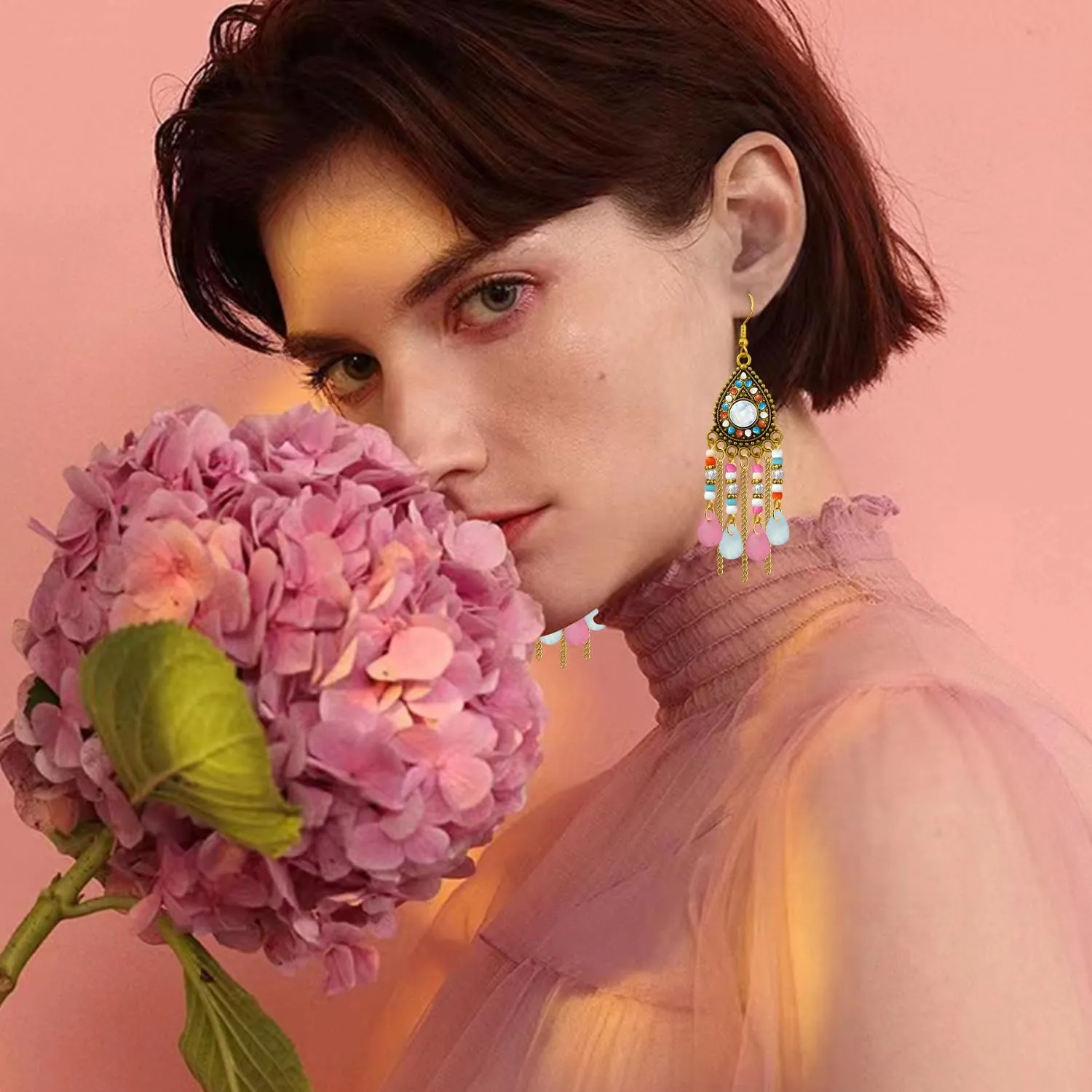Bohemian Dainty Vintage Gold Crystal Teardrop Chandelier Lightweight Dangle Drop Earrings Retro Alloy Chain Fringe Hook Earrings For Women Jewelry Gifts