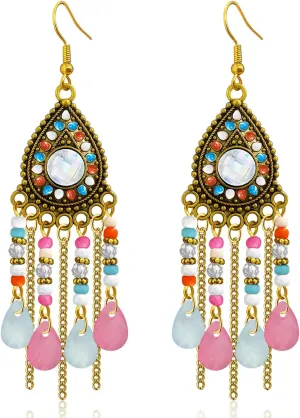 Bohemian Dainty Vintage Gold Crystal Teardrop Chandelier Lightweight Dangle Drop Earrings Retro Alloy Chain Fringe Hook Earrings For Women Jewelry Gifts