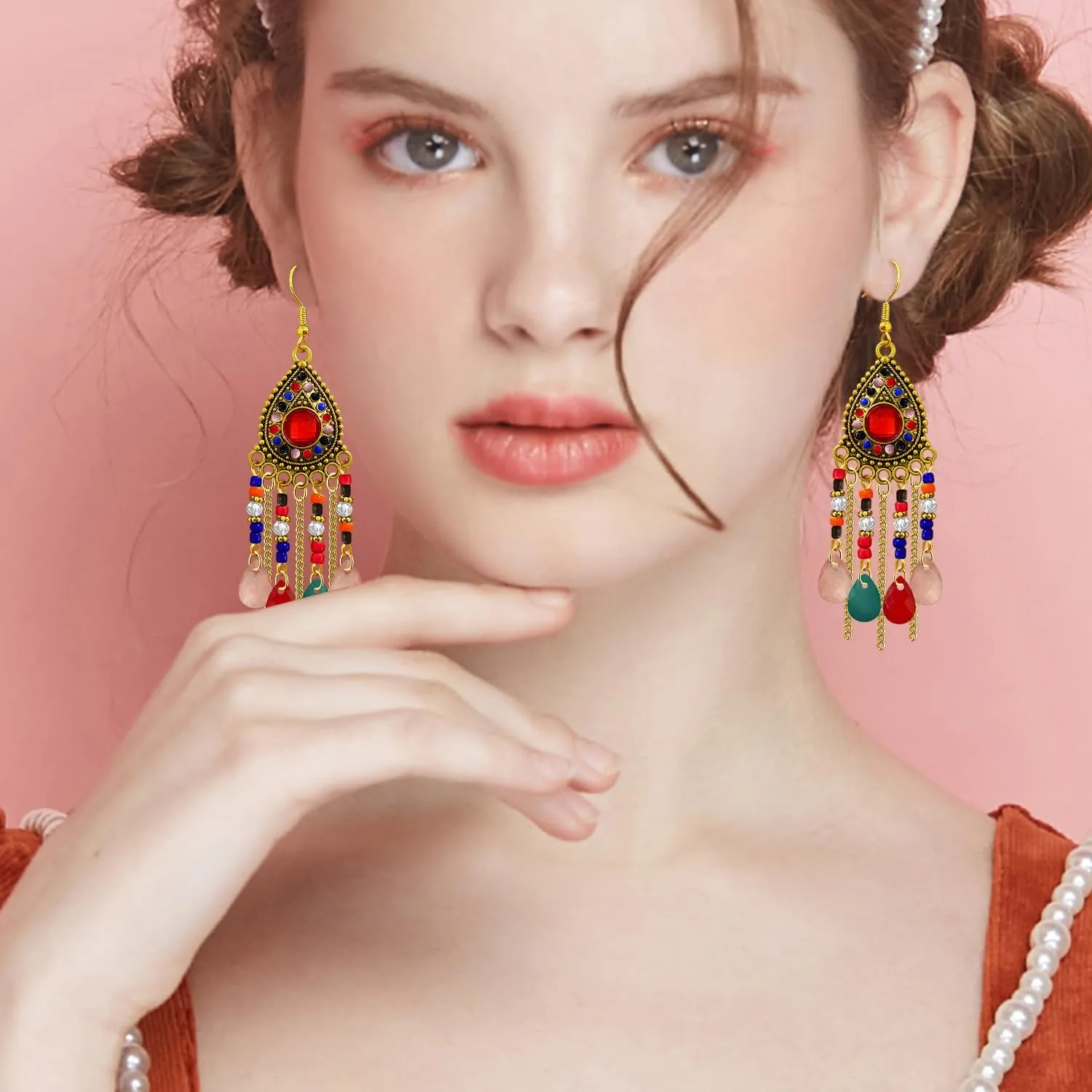 Bohemian Dainty Vintage Gold Crystal Teardrop Chandelier Lightweight Dangle Drop Earrings Retro Alloy Chain Fringe Hook Earrings For Women Jewelry Gifts