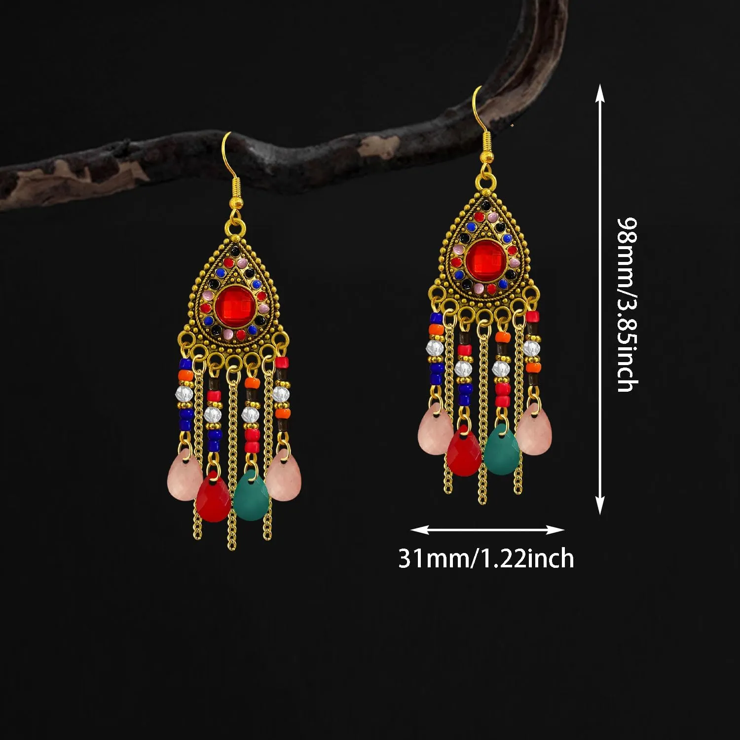 Bohemian Dainty Vintage Gold Crystal Teardrop Chandelier Lightweight Dangle Drop Earrings Retro Alloy Chain Fringe Hook Earrings For Women Jewelry Gifts