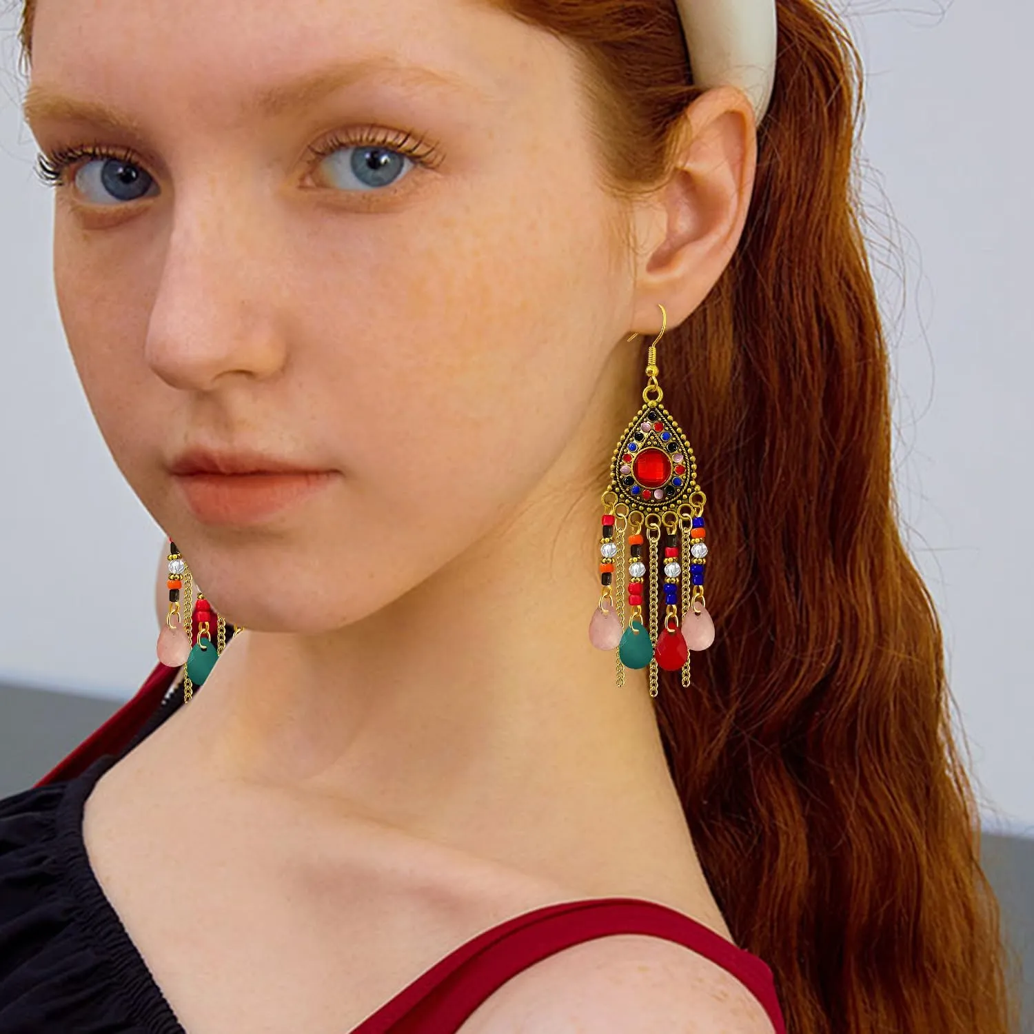 Bohemian Dainty Vintage Gold Crystal Teardrop Chandelier Lightweight Dangle Drop Earrings Retro Alloy Chain Fringe Hook Earrings For Women Jewelry Gifts