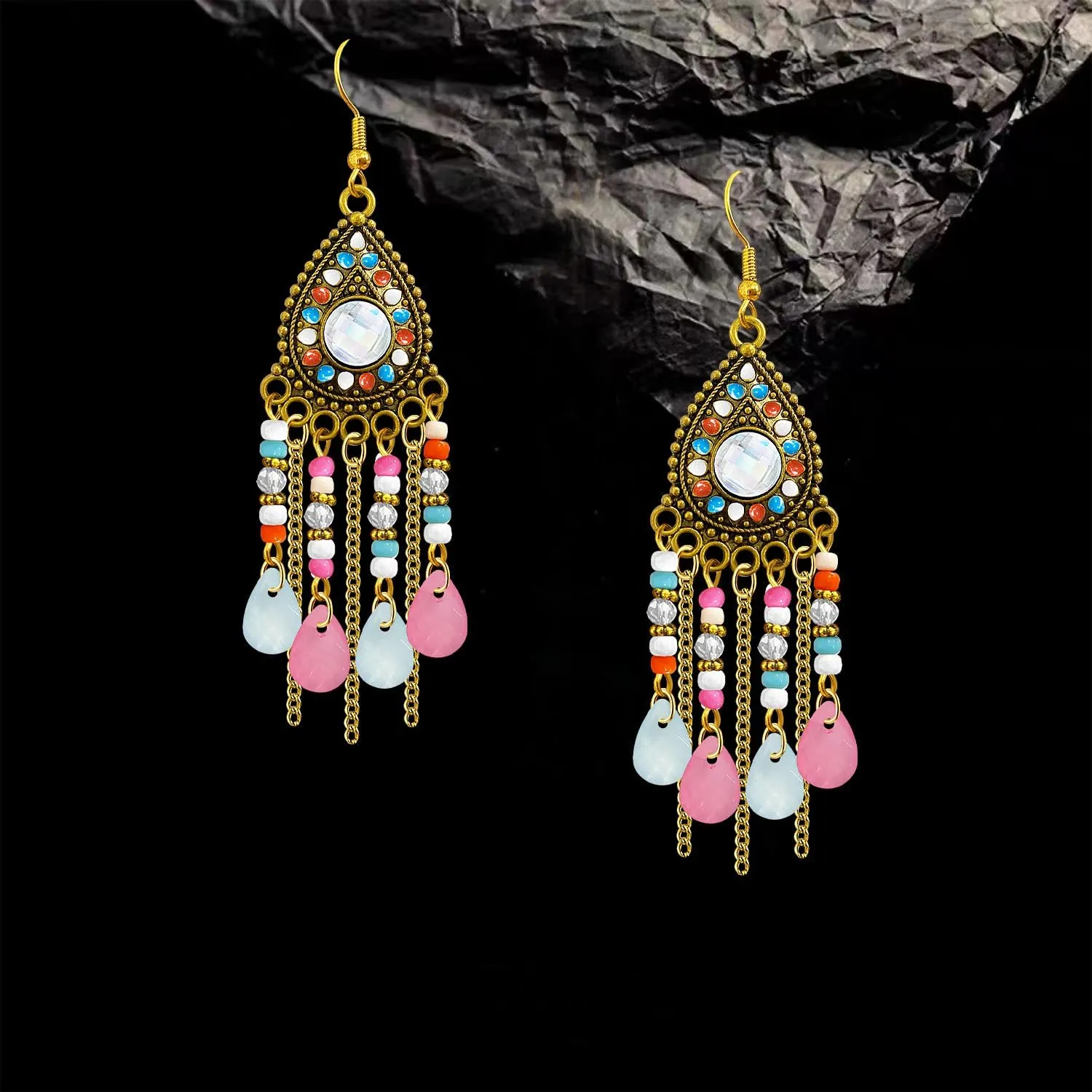 Bohemian Dainty Vintage Gold Crystal Teardrop Chandelier Lightweight Dangle Drop Earrings Retro Alloy Chain Fringe Hook Earrings For Women Jewelry Gifts