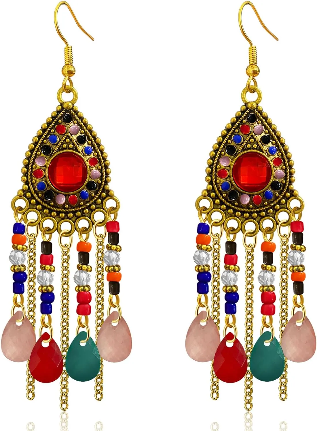 Bohemian Dainty Vintage Gold Crystal Teardrop Chandelier Lightweight Dangle Drop Earrings Retro Alloy Chain Fringe Hook Earrings For Women Jewelry Gifts
