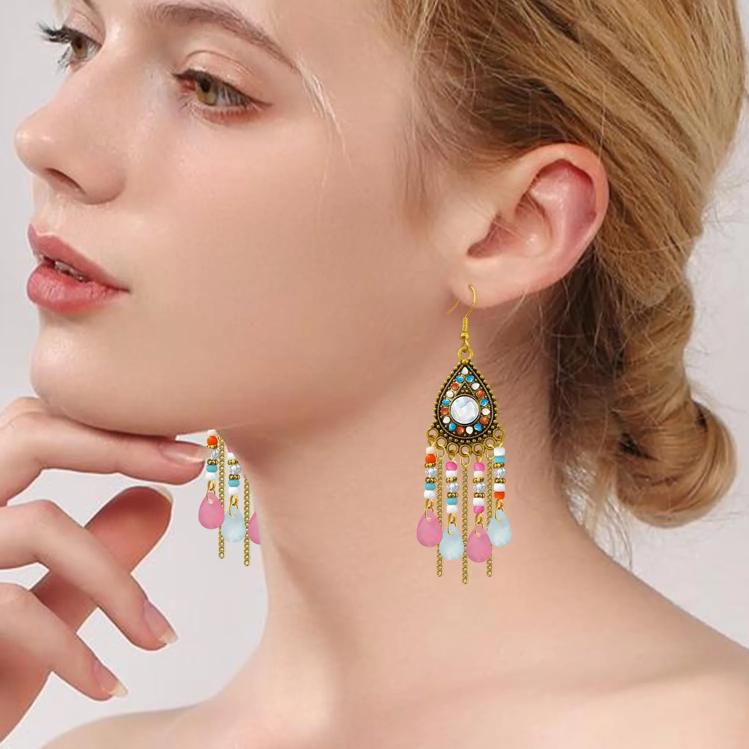 Bohemian Dainty Vintage Gold Crystal Teardrop Chandelier Lightweight Dangle Drop Earrings Retro Alloy Chain Fringe Hook Earrings For Women Jewelry Gifts