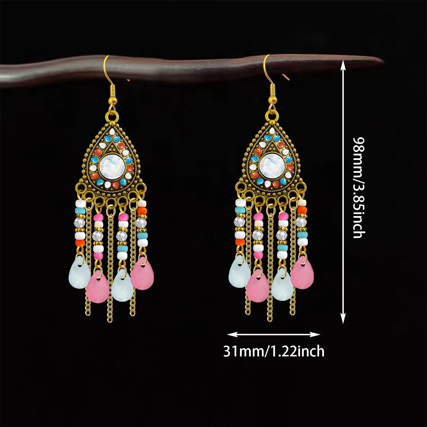 Bohemian Dainty Vintage Gold Crystal Teardrop Chandelier Lightweight Dangle Drop Earrings Retro Alloy Chain Fringe Hook Earrings For Women Jewelry Gifts
