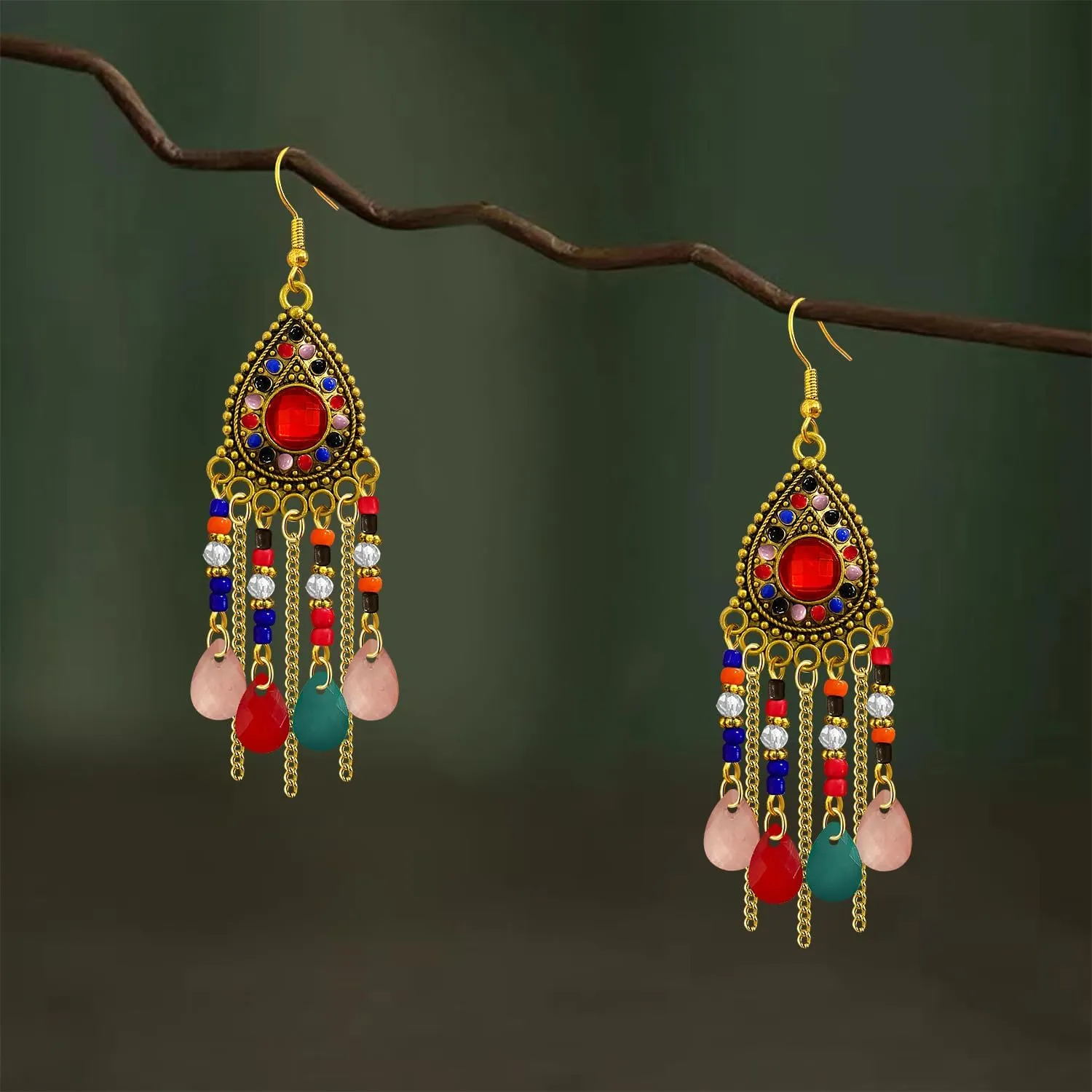 Bohemian Dainty Vintage Gold Crystal Teardrop Chandelier Lightweight Dangle Drop Earrings Retro Alloy Chain Fringe Hook Earrings For Women Jewelry Gifts