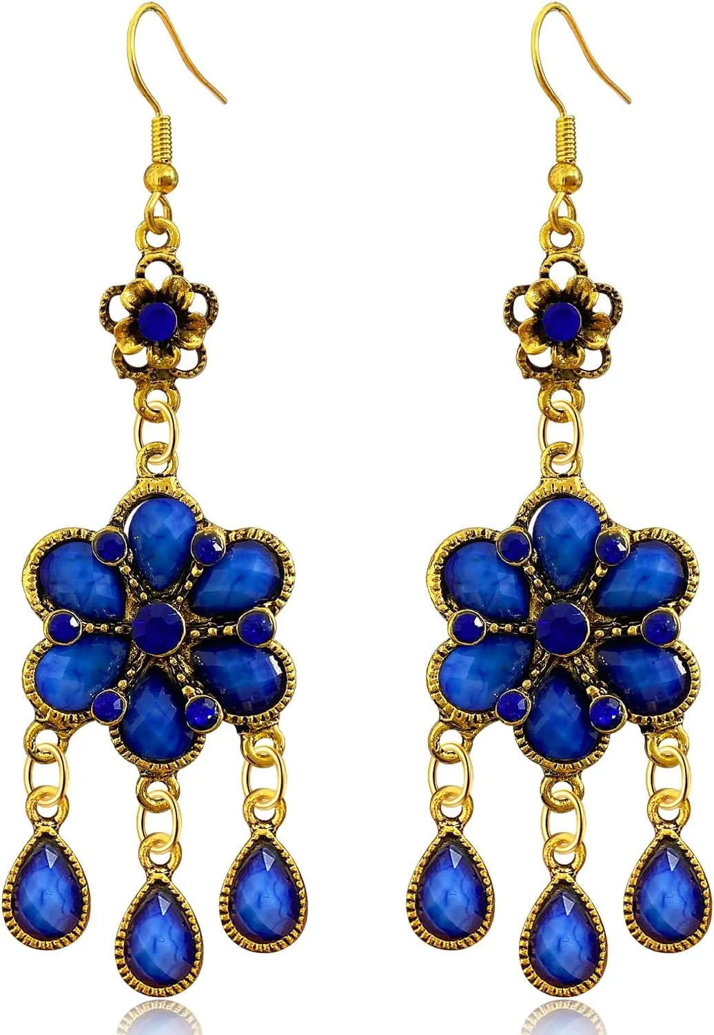 Bohemian Dainty Vintage Gold Crystal Teardrop Flower Lightweight Dangle Drop Earrings Retro Alloy Fringe Hook Earrings For Women Jewelry Gifts