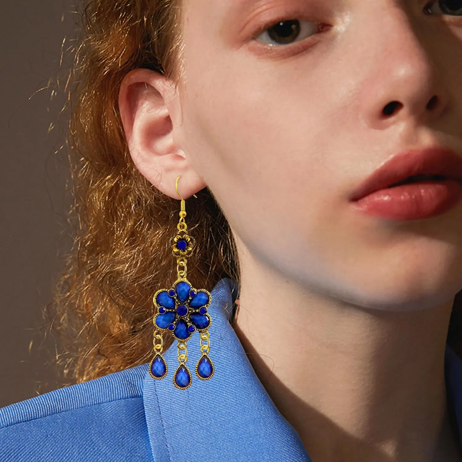 Bohemian Dainty Vintage Gold Crystal Teardrop Flower Lightweight Dangle Drop Earrings Retro Alloy Fringe Hook Earrings For Women Jewelry Gifts