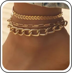 Bohemian Layered Anklet Gold Paperclip Chain Ankle Bracelet Fishbone Chain Anklets Adjustable Chunky Anklet Summer Beach Foot Chain Jewelry for Women 3Pcs