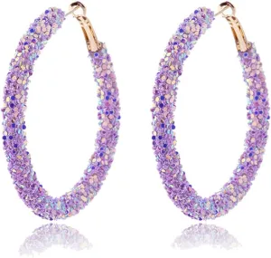 Bohemian Shiny Glitter Sequins Hoop Earrings Wrapped Gold Plated Circle Statement Rhinestone Dangle Drop Earrings for Women Boho Jewelry