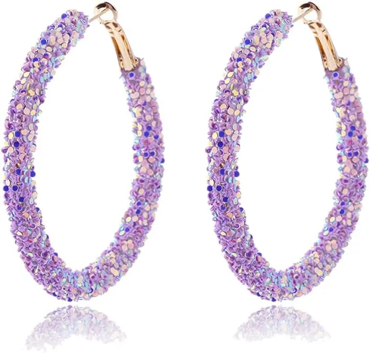 Bohemian Shiny Glitter Sequins Hoop Earrings Wrapped Gold Plated Circle Statement Rhinestone Dangle Drop Earrings for Women Boho Jewelry
