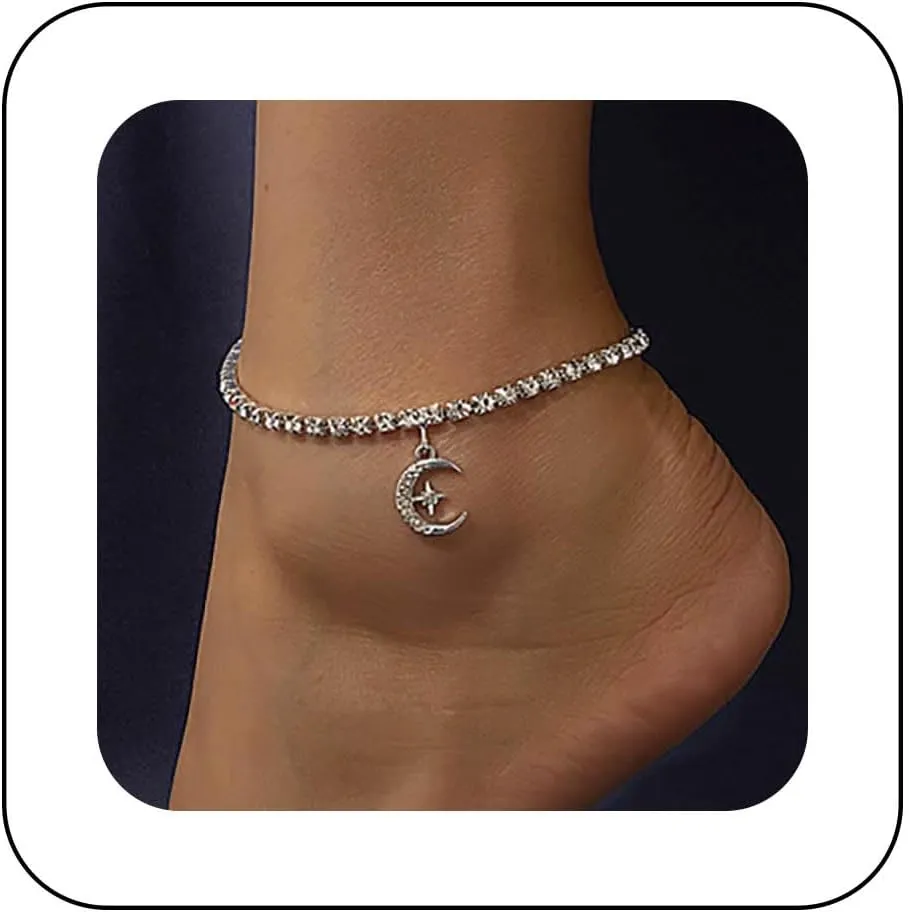Boho Crystal Moon Anklet Cz Crescent Moon Anklet Bracelet Moon Star Anklet Silver Tennis Chain Anklet Celestial Moon Anklet Foot Chain Jewelry for Women