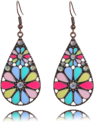 Boho Flower Teardrop Earrings Handmade Trendy Vintage Colorful Hollow Out Flower Floral Dangle Earrings Bohemian Ethnic Statement Jewelry