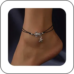 Boho Layered Black Leather Anklet Silver Turtle Anklet Chain Starfish Dangle Ankle Bracelet Sea Starfish Anklet Adjustable Leather Rope Anklet Foot Chain Jewelry for Women