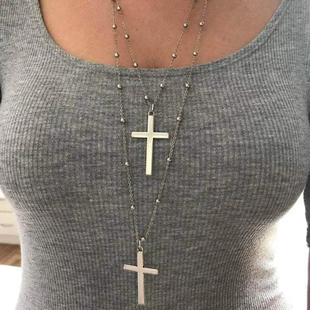 Boho Layered Cross Pendant Necklace Long Vintage Christian Necklaces Chain Jewelry for Women and Men