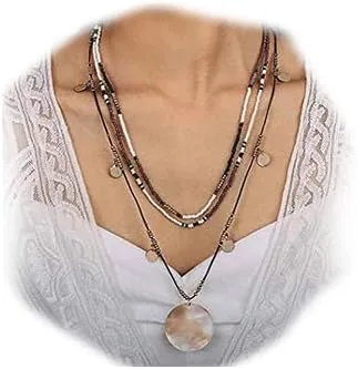 Boho Layered Necklaces Gold Long Sequin Pendant Necklace Beaded Beach Chain Jewelry for Women