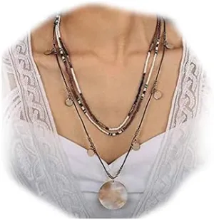 Boho Layered Necklaces Gold Long Sequin Pendant Necklace Beaded Beach Chain Jewelry for Women