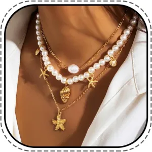 Boho Layered Pearl Choker Necklace Starfish Pendant Necklaces Beach Shell Neck Chain for Women