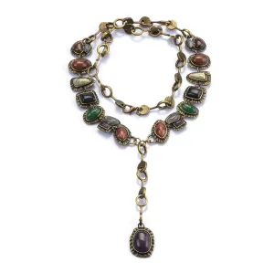 Boho Layered Turquoise Pendant Collar Necklace for Women Natural Colorful Stone Necklace Long Bohemian Nation Y Pendant Necklace Western Trendy Jewelry Gift (Colorful)