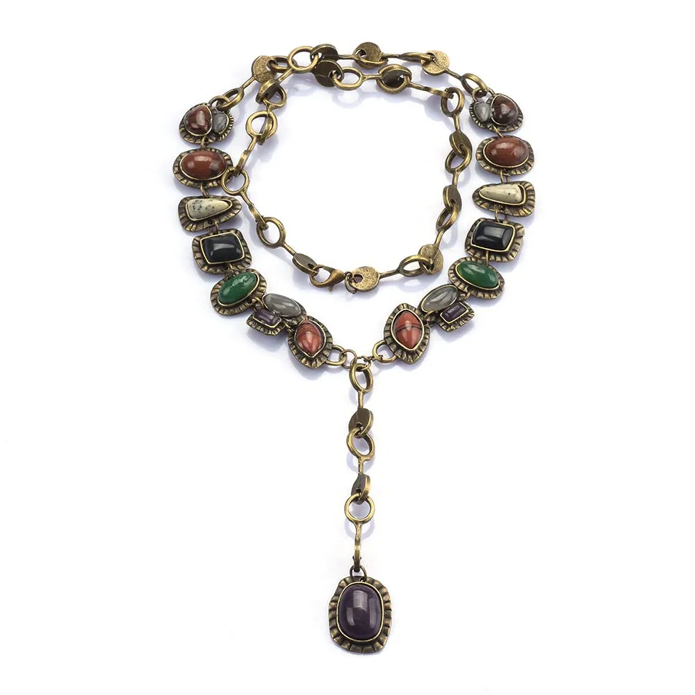 Boho Layered Turquoise Pendant Collar Necklace for Women Natural Colorful Stone Necklace Long Bohemian Nation Y Pendant Necklace Western Trendy Jewelry Gift (Colorful)