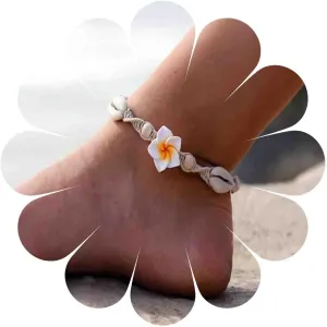 Boho Natural Shell Anklet Bracelets Flower Ankle Chain Hawaiian Cowrie Shell Braided Anklet Bracelet Beach Woven Rope Foot Chain Jewelry for Women