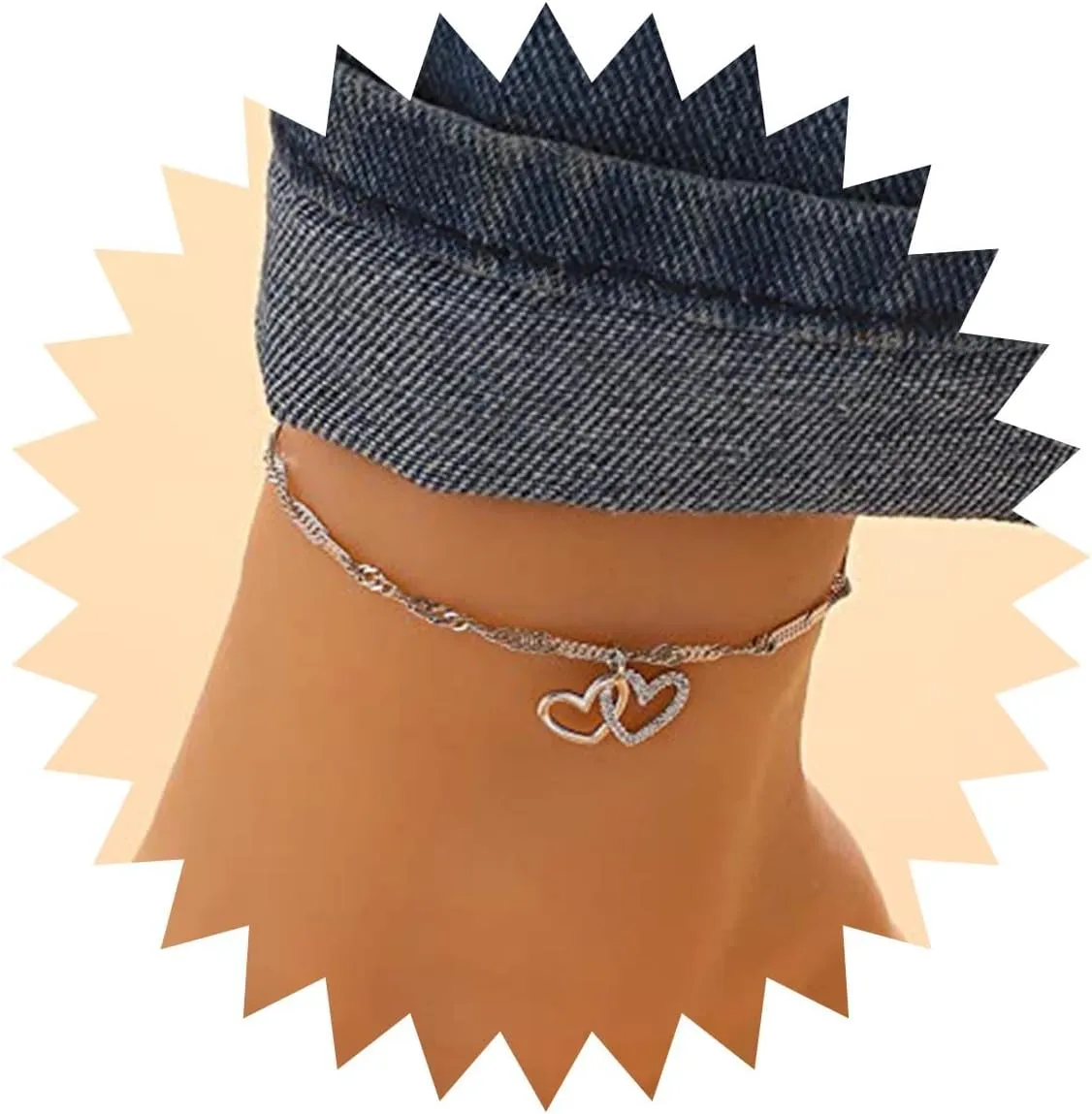 Boho Rhinestone Heart Anklet Bracelet Silver Crystal Heart Anklet Double Love Heart Ankle Bracelet Chain Cz Interlocking Heart Foot Chain Jewelry for Women
