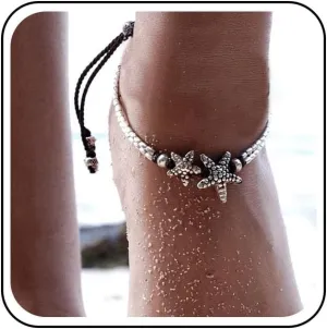 Boho Starfish Anklet Bracelet Beach Woven Anklet Chain Layered Silver Star Woven Ankle Chain Bracelets Vintage Starfish Foot Chain Jewelry for Women
